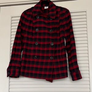 CAbi Red and Black Plaid Double-Breasted Pea Coat, Size XS